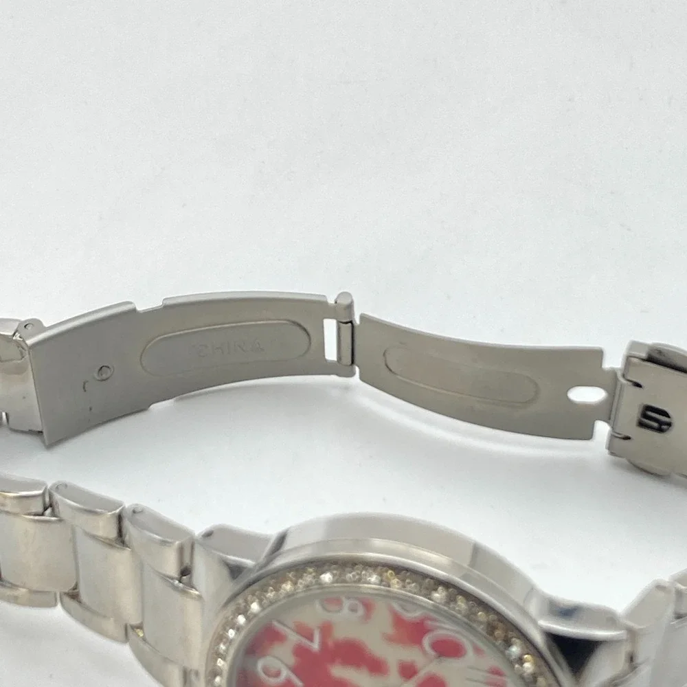 Modern Women's Watch 36mm Silver Tone Red Floral Dial Crystals New Battery 6.5